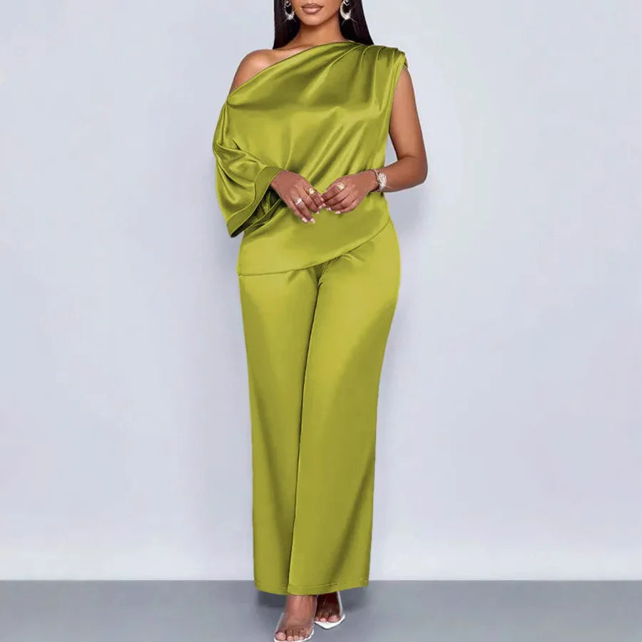 Pant Set Women Two Piece Sets Skew Collar Sexy Slim Fit Tops Wide Leg Long Pants Elastic Waist Y2k Streetwear Elegant 2026