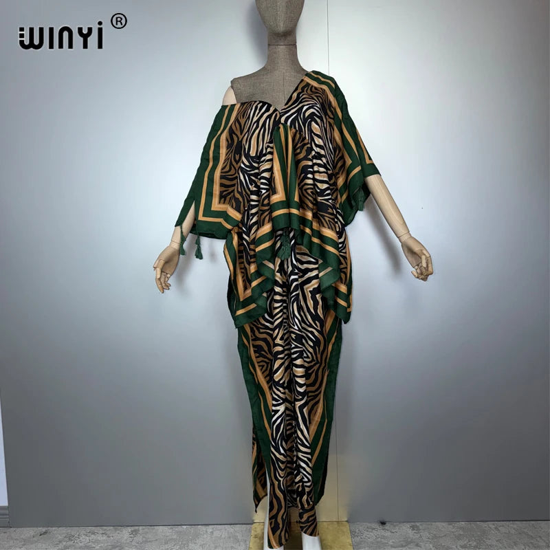 WINYI muslim woman dresses Elegant kaftan party Dress Middle East Female loose kaftan abaya dubai luxury Print Caftan beachwear