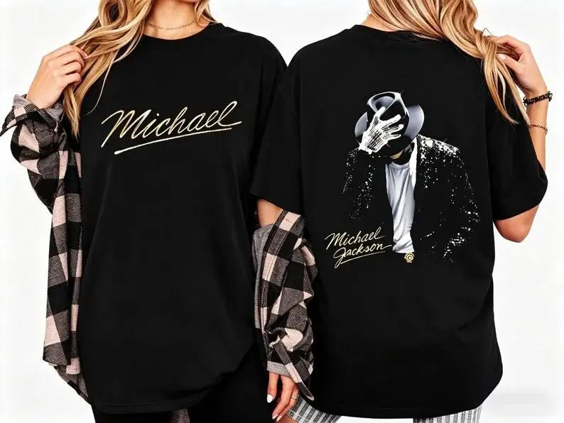 Portrait & Gold Signature Summer Rock Y2k Streetwear Michael Jackson T-Shirt Vintage Graphic Print Tee Casual Loose Top Unisex