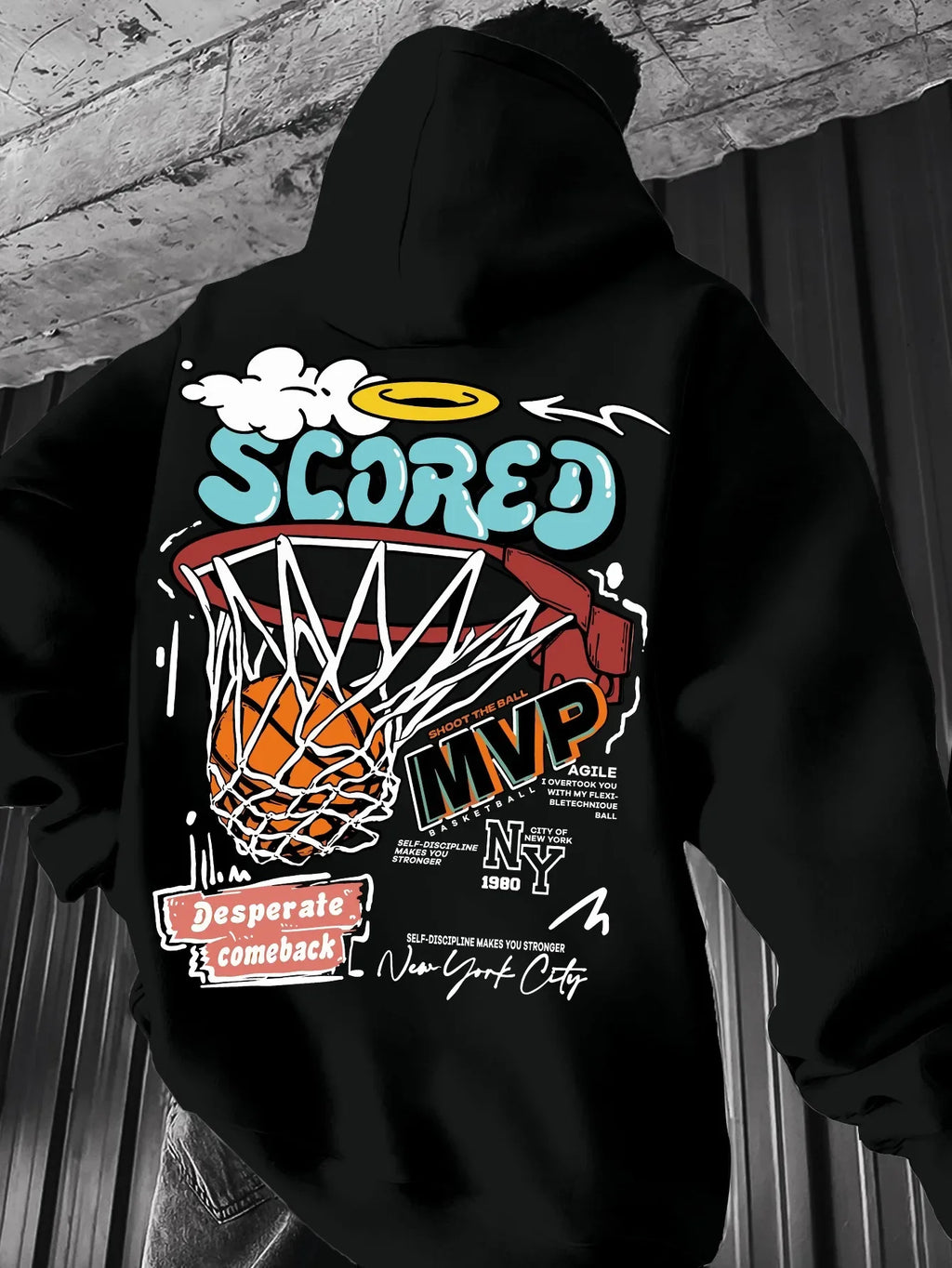 Men's autumn and winter casual fashion loose mvp basketball graphicprint long sleeved hooded sweatshirt warm pullover