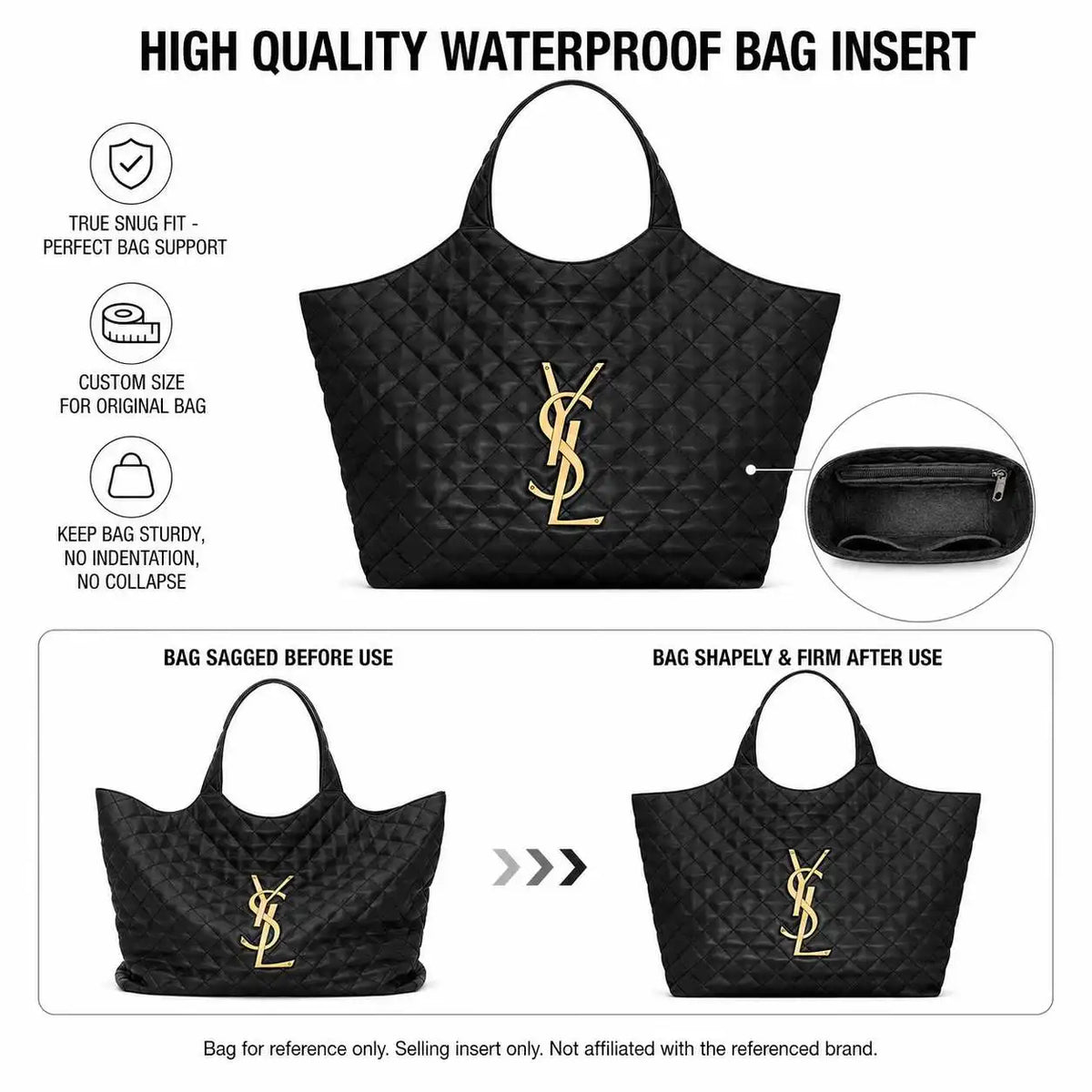 Organizer Insert Compatible with Saint Laurent ICARE Shopping Bag Maxi, Slim Waterproof Bag Liner with Zip Pocket 35 x 6 x 24 cm