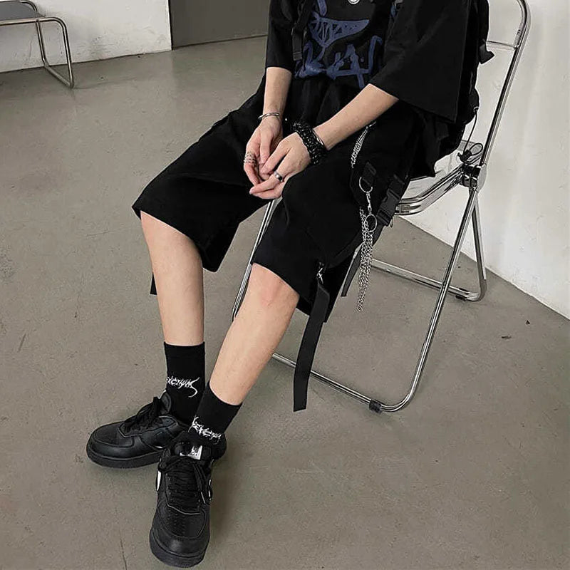 Casual Loose Cargo Shorts Women Harajuku Hip Hop Punk Large Pocket Wide Leg Shorts Fashion Chain High Waist Joggers Short Pants