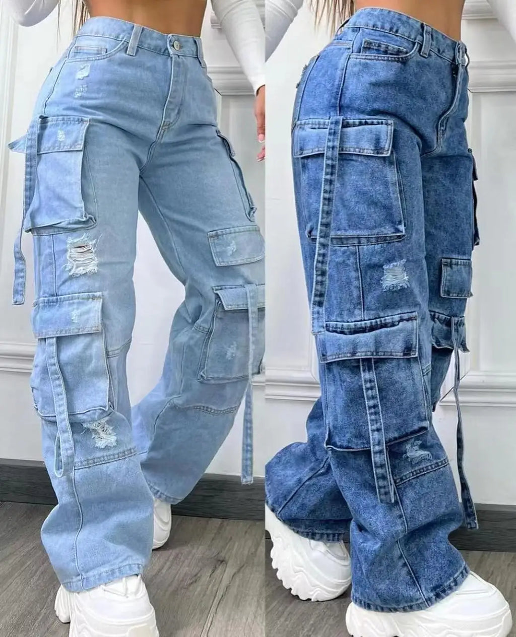 High Waist Multi Pocket Jeans Women 2025 New  Fashionable Solid Color Versatile Large Size Cargo Pants