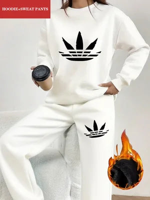 2Pc Creative Printed Y2K Style Autumn and Winter Hot-Selling Women's Fashion Casual Sports Fleece-Lined Crewneck Sweatshirt and Sweatpants Set