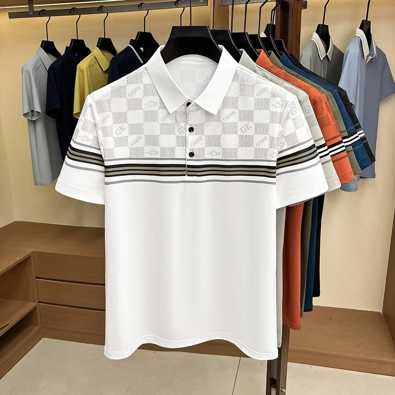 Mens Half Checkered Letter Print Stripe Splicing Short Sleeve Polo Shirts Soft  Breathable Business Casual Tops For Summer Daily