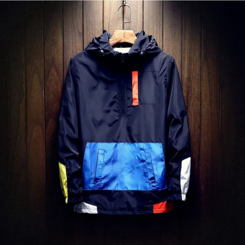 Autumn Men Windbreaker Jacket Breathable Quick-Drying Colorblock Casual Outdoor Cycling Hiking Hooded Jacket Clothing Pullover