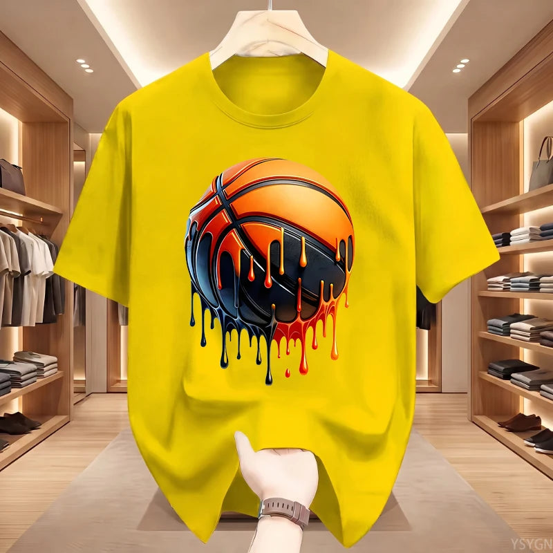Men's Dripping Basketball Graphic T-Shirt, Streetwear Hip Hop Tee, Oversized Fit, WHITE Top for Men, Trendy Summer Style