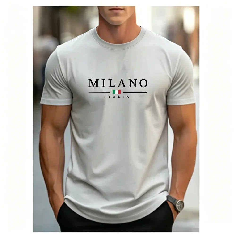 Men's Summer Simple and Fashionable Milan Letter Printed Loose and Comfortable Round Neck Short Sleeved T-shirt Top