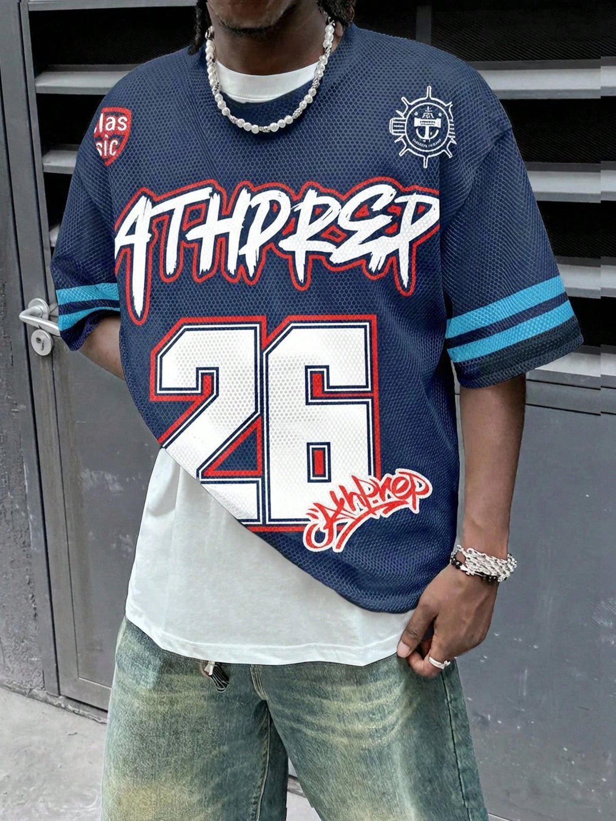 Men Loose Dropped Shoulder Letter Graphic Print Mesh Short Sleeve Jersey T-Shirt, Funny, , For Going Out, Summer Streetwear
