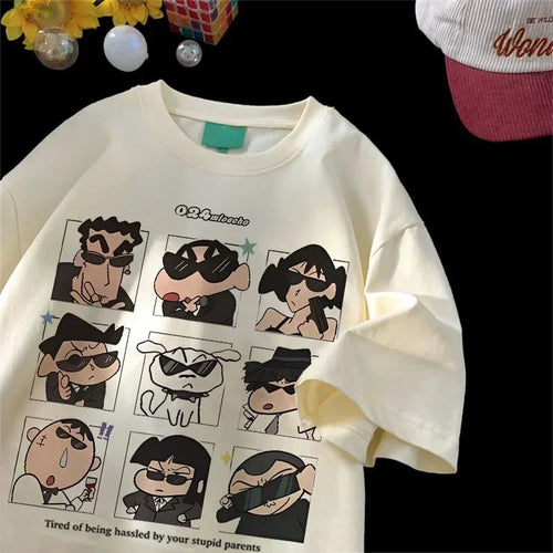 2025 Summer Women's Clothes Streetwear Crayon Shin Chan  Print Cartoon T Shirt Tops Men's Women's Clothes 100%Cotton T Shirts