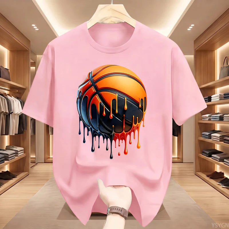 Men's Dripping Basketball Graphic T-Shirt, Streetwear Hip Hop Tee, Oversized Fit, WHITE Top for Men, Trendy Summer Style