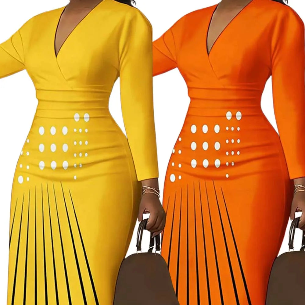 Polka Dot Vertical Stripe Print Bodycon Dress V-Neck Long Sleeve Midi Dress for Women Spring Party Date Night Outfit