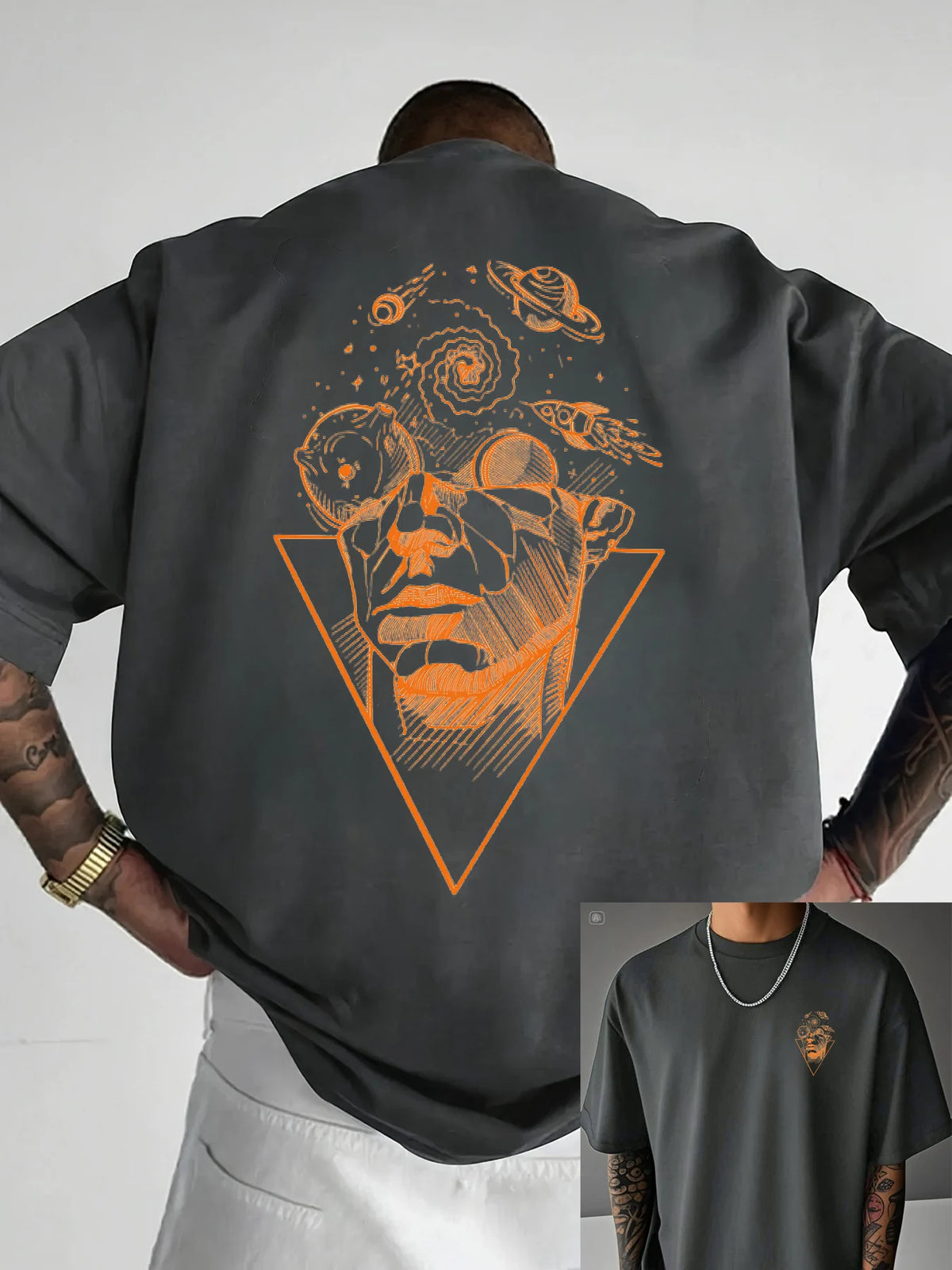 Men's summer 100_ pure cotton casual loose creative pattern front and back printed sports round neck short sleeved T-shirt top