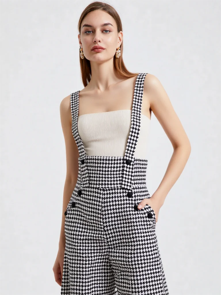Overalls for Women's Winter Jumpsuit Black White Vintage Wide Leg Suspender Pants for Office Commute Casual Female Clothing
