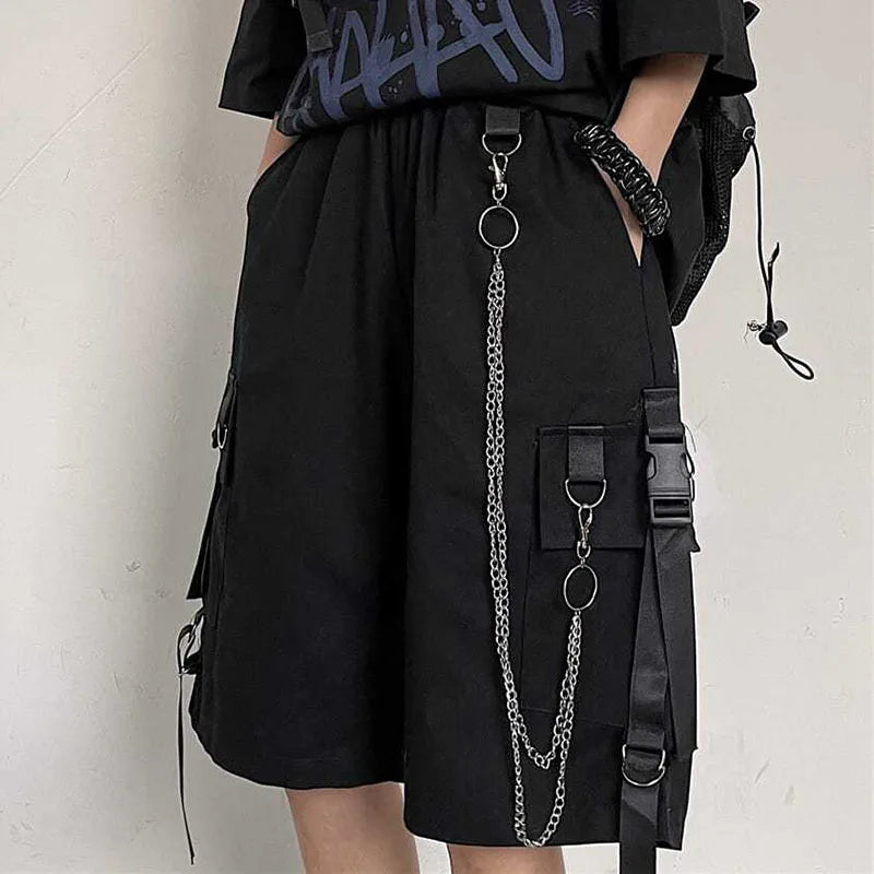 Casual Loose Cargo Shorts Women Harajuku Hip Hop Punk Large Pocket Wide Leg Shorts Fashion Chain High Waist Joggers Short Pants