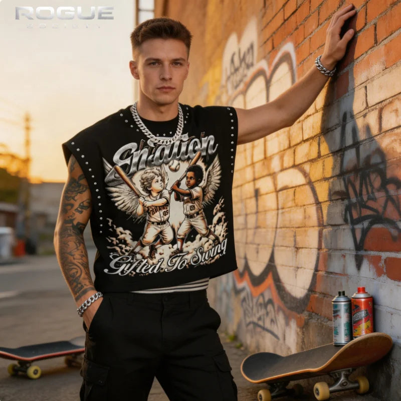 Harajuku Baseball Angel Chicano Streetwear Men Tank Crop Print Sleeveless Tops Vintage Distressed Grunge Retro Y2K Graphic Tees