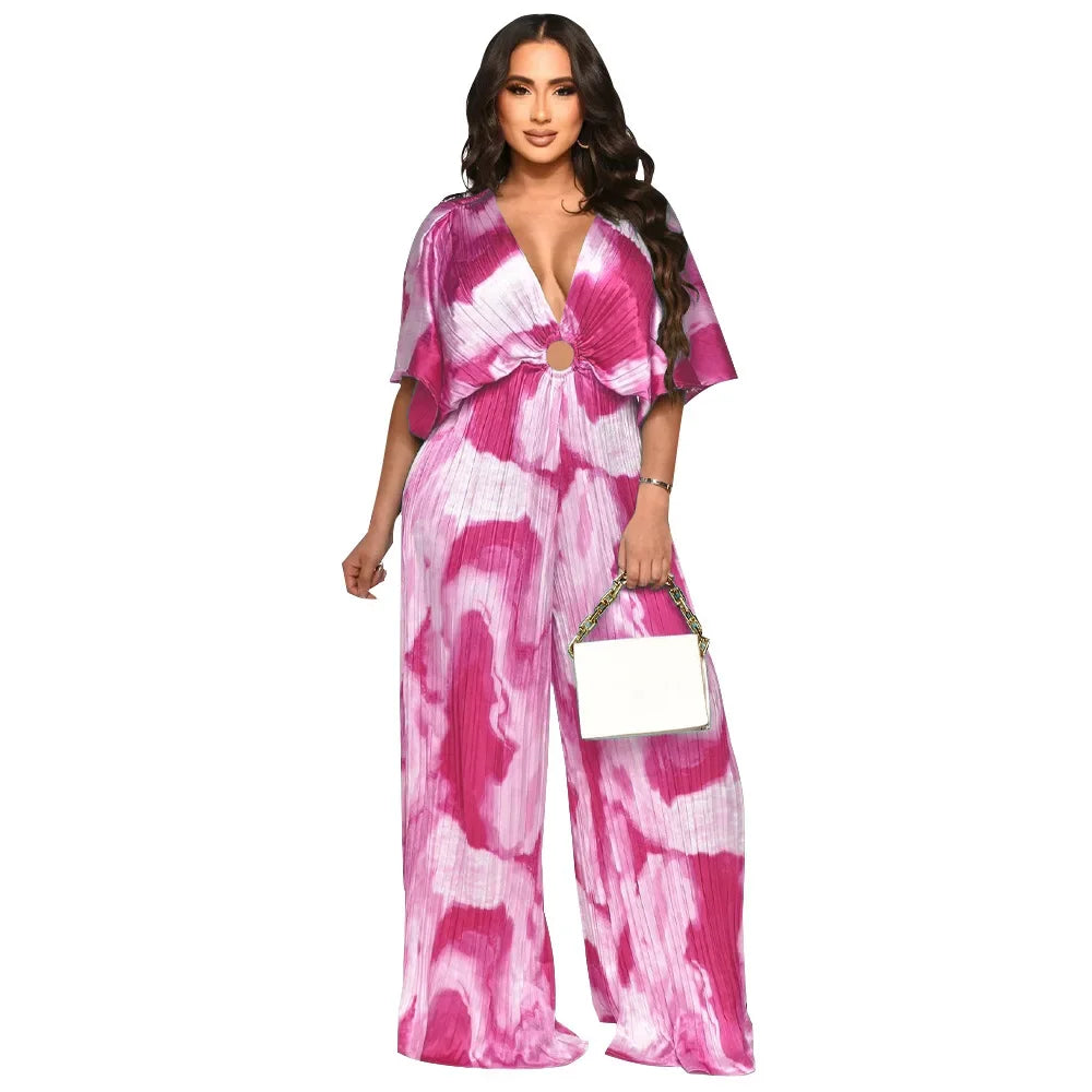Elegant Women's Printed Pleated Jumpsuit Summer Sexy V-neck Short Sleeve Print High Waist Wide-leg Pants Casual Loose Jumpsuit